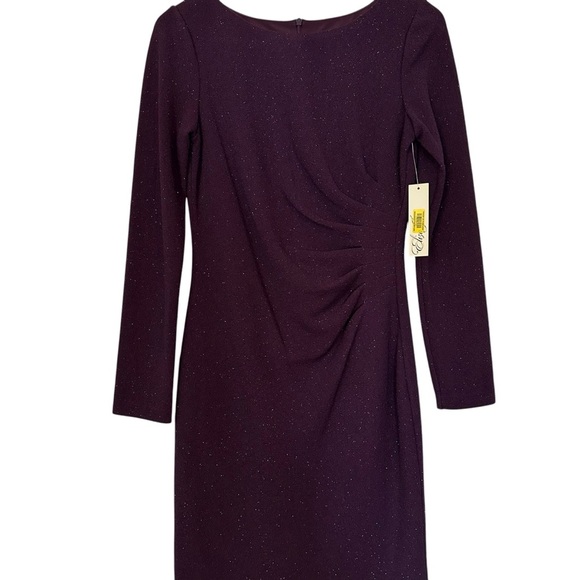 NWT Eliza J Long Sleeve Ruched Sheath Dress in Plum Glitter Size 6 - Picture 11 of 13